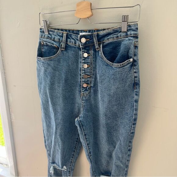 We Wore What Blue High Rise Button Fly Jean Distressed - Picture 2 of 6